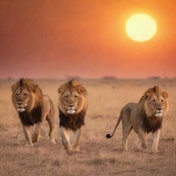 A powerful pride of lions hunting on the African Savannah, with the sun setting in the background creating a vibrant orange sky.