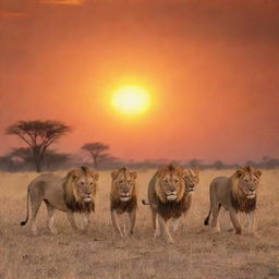 A powerful pride of lions hunting on the African Savannah, with the sun setting in the background creating a vibrant orange sky.