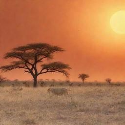 A powerful pride of lions hunting on the African Savannah, with the sun setting in the background creating a vibrant orange sky.