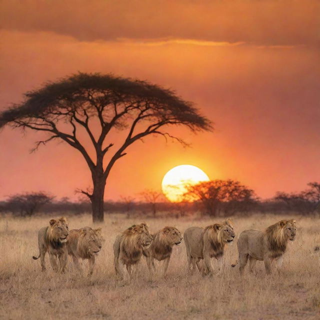 A powerful pride of lions hunting on the African Savannah, with the sun setting in the background creating a vibrant orange sky.