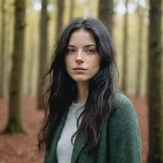 Capture an ultra-detailed, raw-style 4K HD full-body shot in a forest during autumn, as though taken by Sony Alpha II and Sony FE 200, of a 23-year-old woman in hipster clothes with green eyes, freckles, and long black hair under natural light.