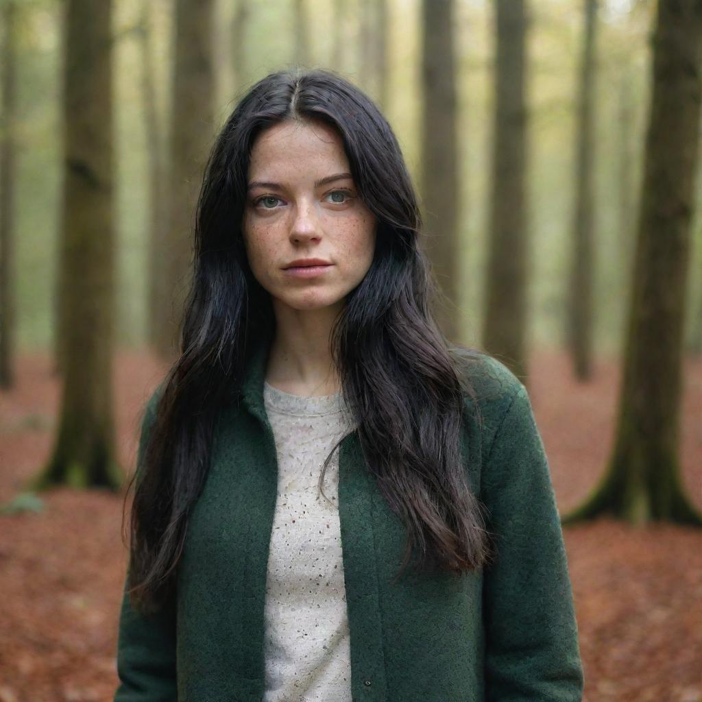 Capture an ultra-realistic, ultra-detailed, raw-style 4K HD full-body shot in a forest during autumn, as if taken by Sony Alpha II and Sony FE 200, of a 23-year-old woman in urban clothes with green eyes, freckles, and long black hair under natural light.