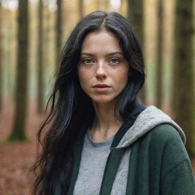 Capture an ultra-realistic, ultra-detailed, raw-style 4K HD full-body shot in a forest during autumn, as if taken by Sony Alpha II and Sony FE 200, of a 23-year-old woman in urban clothes with green eyes, freckles, and long black hair under natural light.