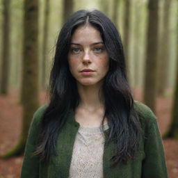 Capture an ultra-realistic, ultra-detailed, raw-style 4K HD full-body shot in a forest during autumn, as if taken by Sony Alpha II and Sony FE 200, of a 23-year-old woman in urban clothes with green eyes, freckles, and long black hair under natural light.