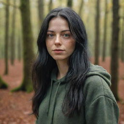 Capture an ultra-realistic, ultra-detailed, raw-style 4K HD full-body shot in a forest during autumn, as if taken by Sony Alpha II and Sony FE 200, of a 23-year-old woman in urban clothes with green eyes, freckles, and long black hair under natural light.