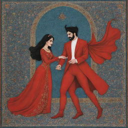 A modern interpretation of a Persian folklore scene featuring a dashing devil (div) and his charming mistress (delbar).