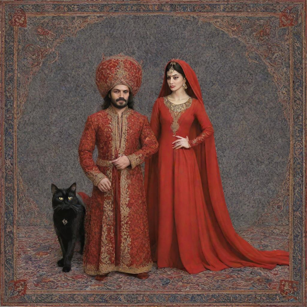 A modern interpretation of a Persian folklore scene featuring a dashing devil (div) and his charming mistress (delbar).