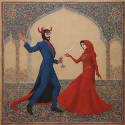 A modern interpretation of a Persian folklore scene featuring a dashing devil (div) and his charming mistress (delbar).