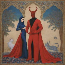 A modern interpretation of a Persian folklore scene featuring a dashing devil (div) and his charming mistress (delbar).