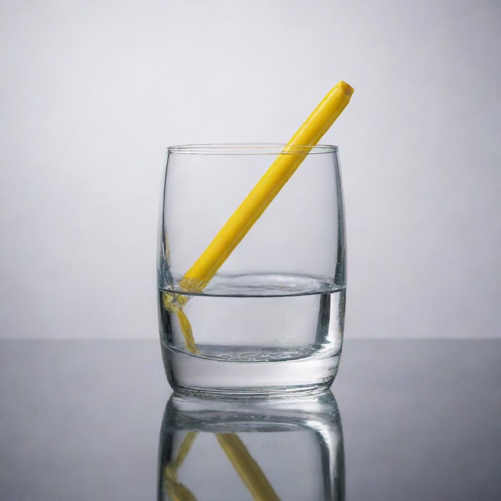 A vibrant yellow pen submerged in a crystal clear glass of water, creating intriguing light refractions