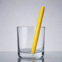 A vibrant yellow pen submerged in a crystal clear glass of water, creating intriguing light refractions