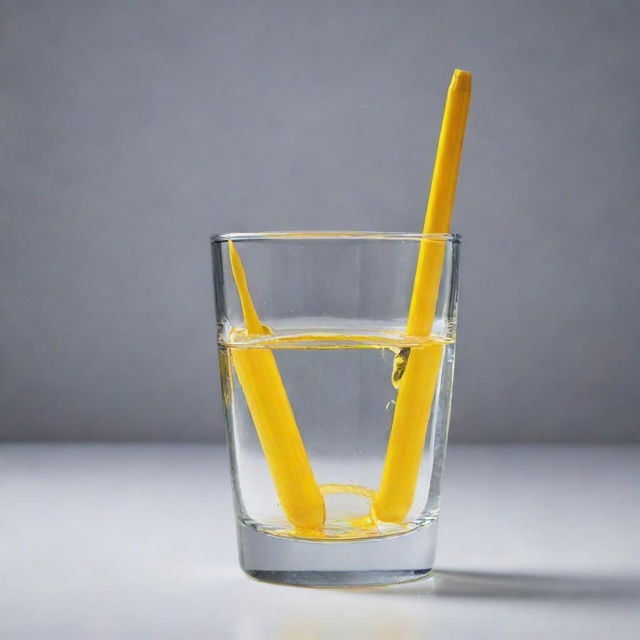 A vibrant yellow pen submerged in a crystal clear glass of water, creating intriguing light refractions