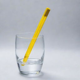 A vibrant yellow pen submerged in a crystal clear glass of water, creating intriguing light refractions