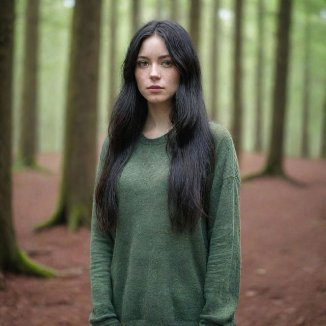 photo shot by sony alpha ii and sony fe 200, a full body woman, in forest autum, 23 year old with green eyes and black long hair.,freckles, otaku clothes, ultra realist, 4k hd, ultra detailed, natural light,  --style raw--v 5.2,