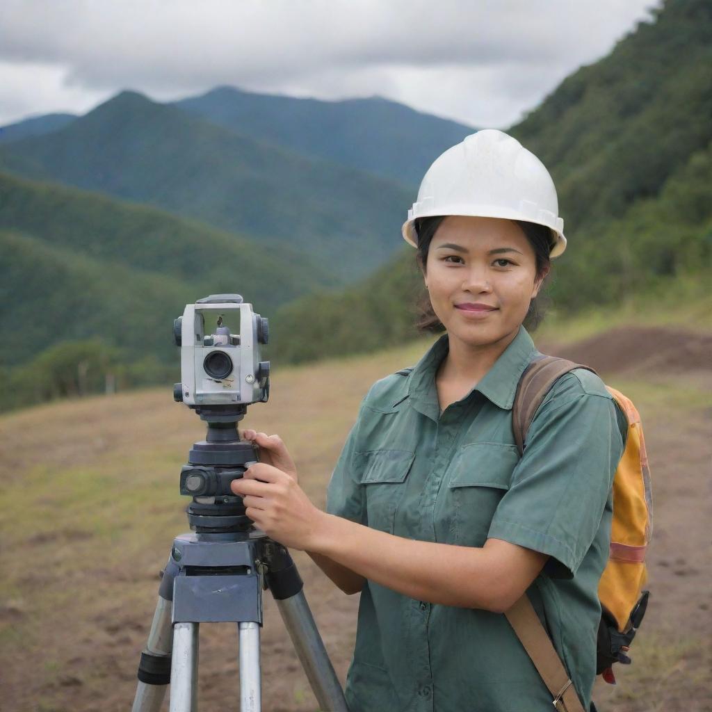 A confident and independent Filipina land surveyor in her late 20s, with a strong, manly presence. She is operating surveying equipment, with a varied terrain as the backdrop