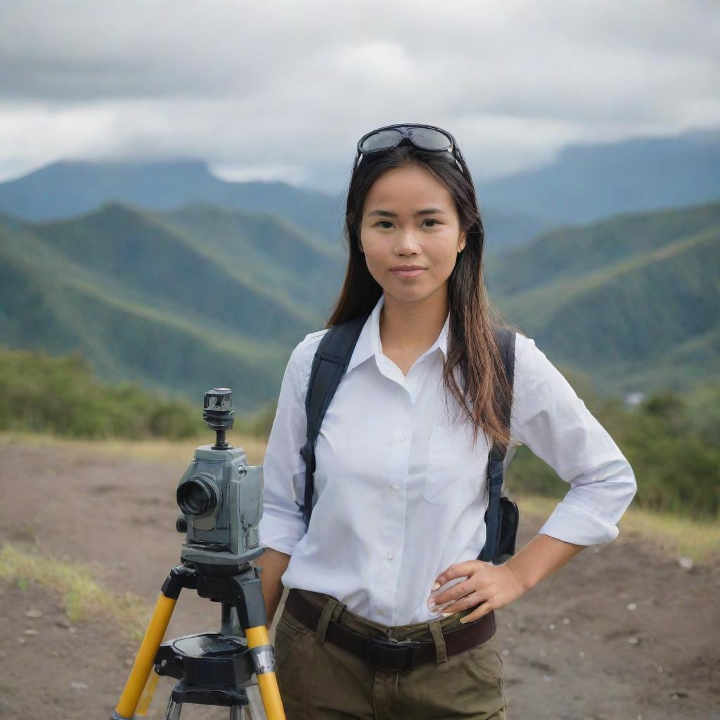 A confident and independent Filipina land surveyor in her late 20s, with a strong, manly presence. She is operating surveying equipment, with a varied terrain as the backdrop