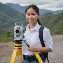 A confident and independent Filipina land surveyor in her late 20s, with a strong, manly presence. She is operating surveying equipment, with a varied terrain as the backdrop