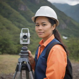 A confident and independent Filipina land surveyor in her late 20s, with a strong, manly presence. She is operating surveying equipment, with a varied terrain as the backdrop