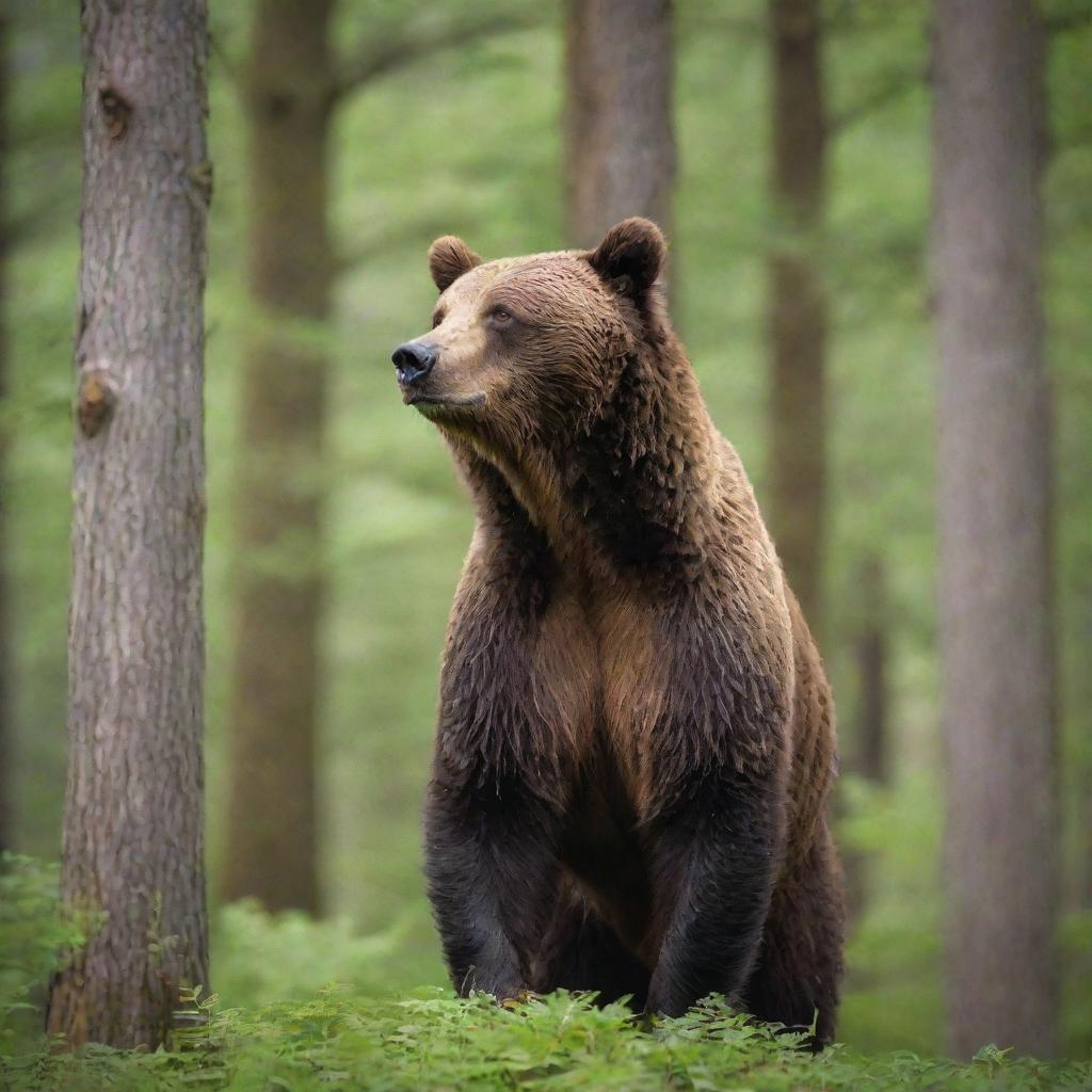 A full-bodied, majestic brown bear in its prime, standing tall in a lush green forest setting.