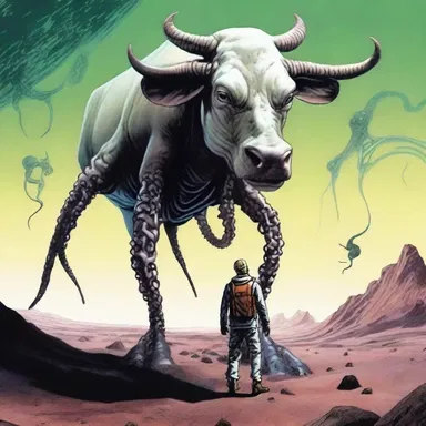 In the science fiction novel, the protagonist encounters a bizarre creature from another planet with a cow's head and tentacles for legs.