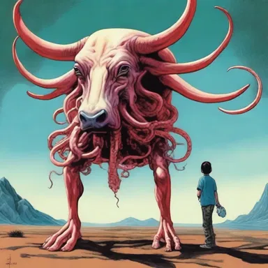 In the science fiction novel, the protagonist encounters a bizarre creature from another planet with a cow's head and tentacles for legs.