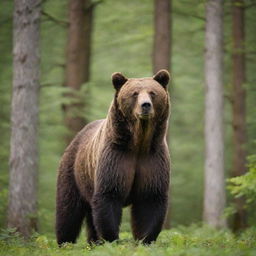 A full-bodied, majestic brown bear in its prime, standing tall in a lush green forest setting.