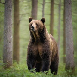 A full-bodied, majestic brown bear in its prime, standing tall in a lush green forest setting.