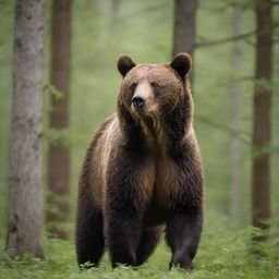 A full-bodied, majestic brown bear in its prime, standing tall in a lush green forest setting.