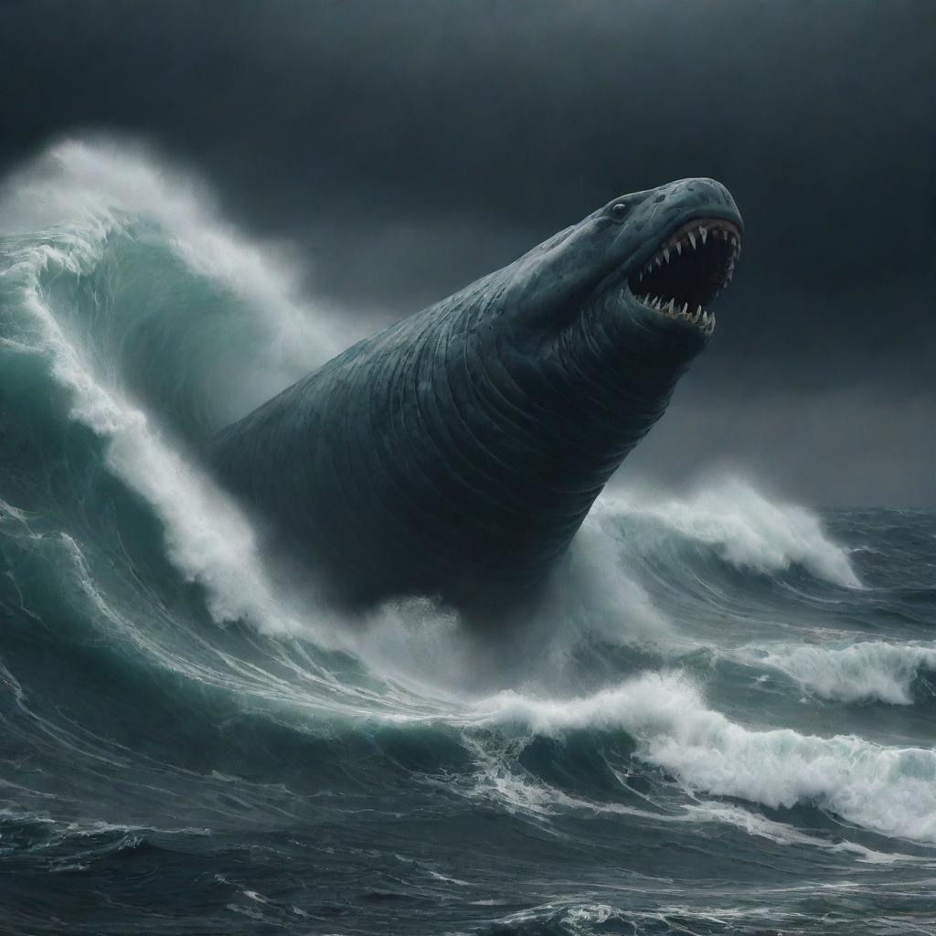 Generate an image of a colossal Leviathan, its serpentine body coursing through the dark, storm-wracked ocean waves.