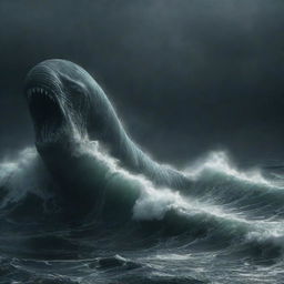 Generate an image of a colossal Leviathan, its serpentine body coursing through the dark, storm-wracked ocean waves.