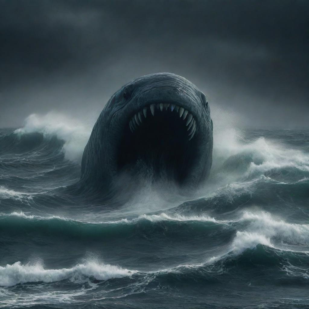 Generate an image of a colossal Leviathan, its serpentine body coursing through the dark, storm-wracked ocean waves.