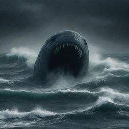 Generate an image of a colossal Leviathan, its serpentine body coursing through the dark, storm-wracked ocean waves.