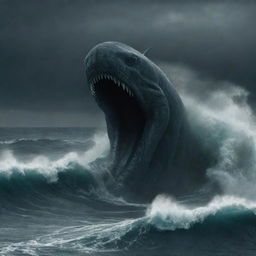 Generate an image of a colossal Leviathan, its serpentine body coursing through the dark, storm-wracked ocean waves.