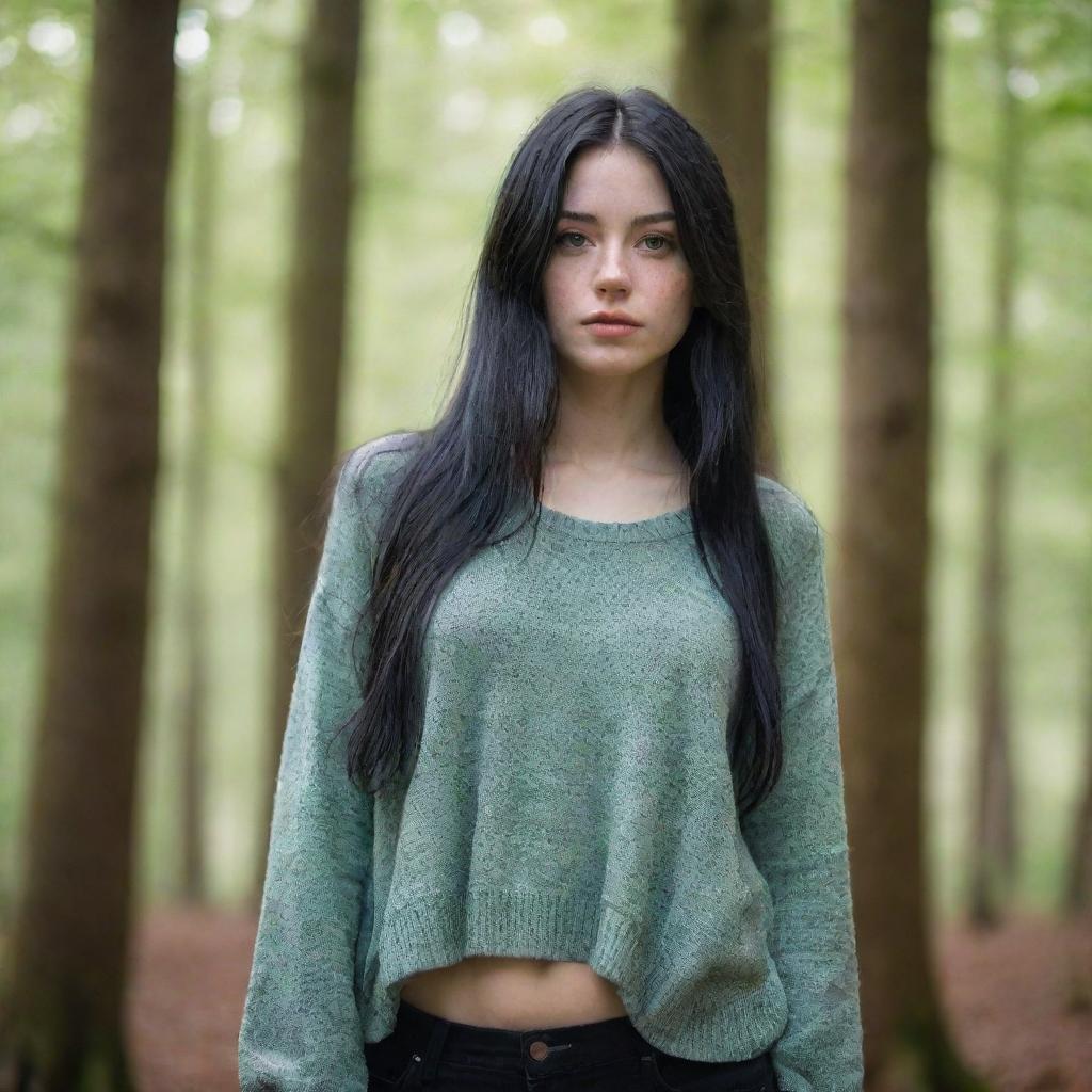 photo shot by sony alpha ii and sony fe 200, a full body woman, in forest autum, 23 year old with green eyes and black long hair.,freckles, otaku clothes, ultra realist, 4k hd, ultra detailed, natural light,  --style raw--v 5.2,