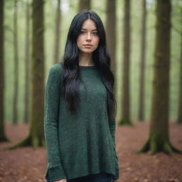 photo shot by sony alpha ii and sony fe 200, a full body woman, in forest autum, 23 year old with green eyes and black long hair.,freckles, otaku clothes, ultra realist, 4k hd, ultra detailed, natural light,  --style raw--v 5.2,