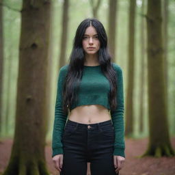 photo shot by sony alpha ii and sony fe 200, a full body woman, in forest autum, 23 year old with green eyes and black long hair.,freckles, otaku clothes, ultra realist, 4k hd, ultra detailed, natural light,  --style raw--v 5.2,