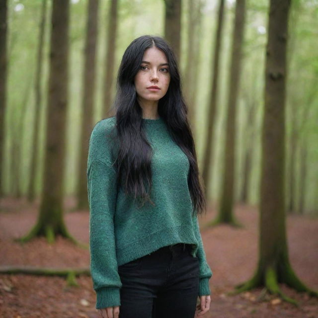 photo shot by sony alpha ii and sony fe 200, a full body woman, in forest autum, 23 year old with green eyes and black long hair.,freckles, otaku clothes, ultra realist, 4k hd, ultra detailed, natural light,  --style raw--v 5.2,