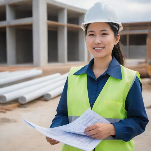 A Chinita quantity surveyor, displaying her typical East Asian features, at a construction site, holding blueprint and calculator, analyzing the quantity of materials needed for the project