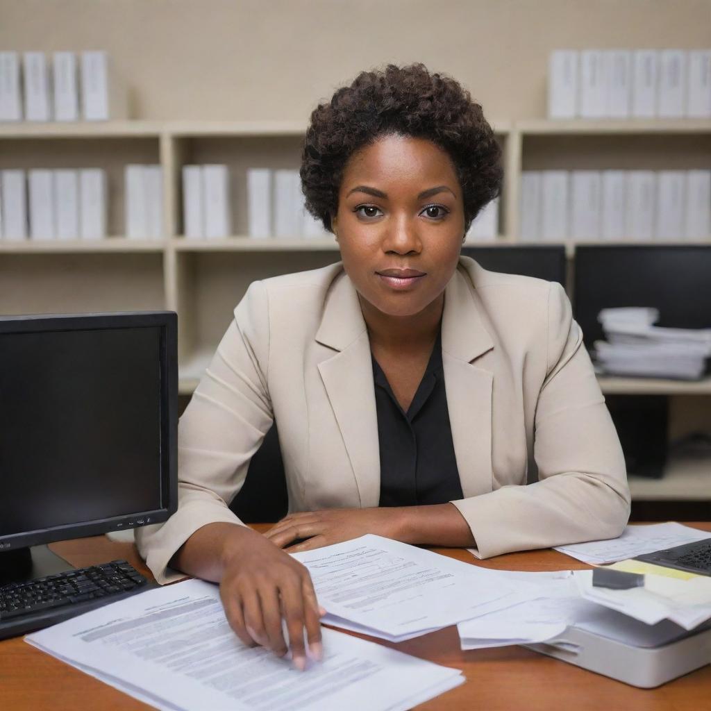 A Moreno document controller with distinctive melanin-rich skin tone, seen at a busy office, surrounded by various documents, actively managing and reorganizing files on the computer system