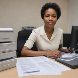 A Moreno document controller with distinctive melanin-rich skin tone, seen at a busy office, surrounded by various documents, actively managing and reorganizing files on the computer system