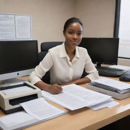 A Moreno document controller with distinctive melanin-rich skin tone, seen at a busy office, surrounded by various documents, actively managing and reorganizing files on the computer system