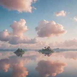 Dreamlike sky with floating islands, pastel-colored clouds, and a sun casting a soft light