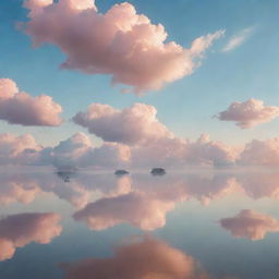 Dreamlike sky with floating islands, pastel-colored clouds, and a sun casting a soft light