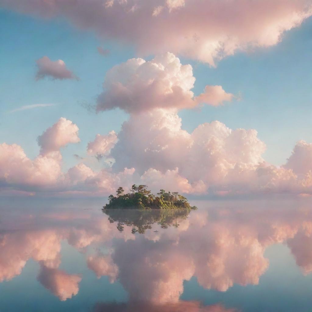 Dreamlike sky with floating islands, pastel-colored clouds, and a sun casting a soft light