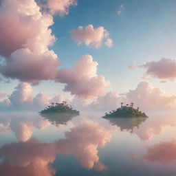 Dreamlike sky with floating islands, pastel-colored clouds, and a sun casting a soft light