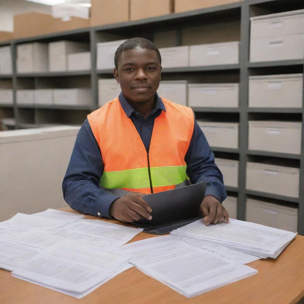 A diligent Moreno document controller, at a project site with melanin-rich skin, managing the critical project documents, surrounded by files and working attentively on the computer system