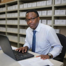 A diligent Moreno document controller, at a project site with melanin-rich skin, managing the critical project documents, surrounded by files and working attentively on the computer system