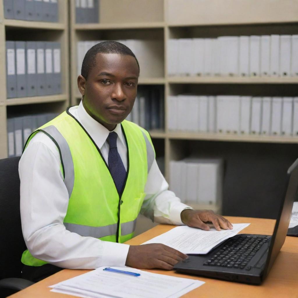 A diligent Moreno document controller, at a project site with melanin-rich skin, managing the critical project documents, surrounded by files and working attentively on the computer system