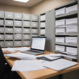 An organized document controller at a project site, deeply engaged in managing crucial documentation, surrounded by various files and paperwork while diligently working on a computer system