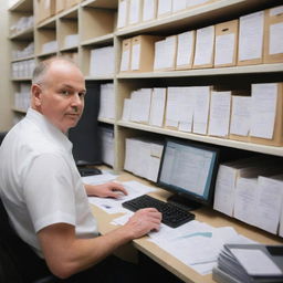 An organized document controller at a project site, deeply engaged in managing crucial documentation, surrounded by various files and paperwork while diligently working on a computer system